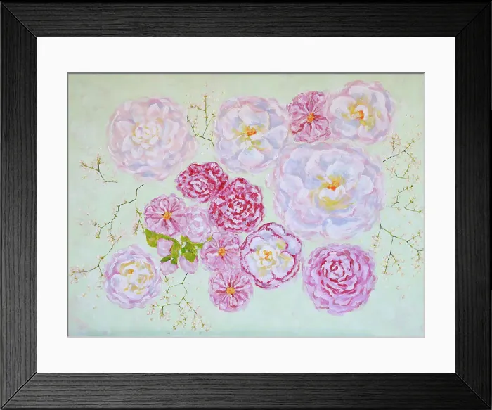 Framed Print : Arrangement of Scattered Camellias Theaceae in Pinks and White Acrylic Painting