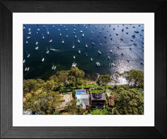Framed Print : Aerial View of Homes on Pittwater With Docked Boats Framed Print : Aerial View of Homes on Pittwater With Docked Boats