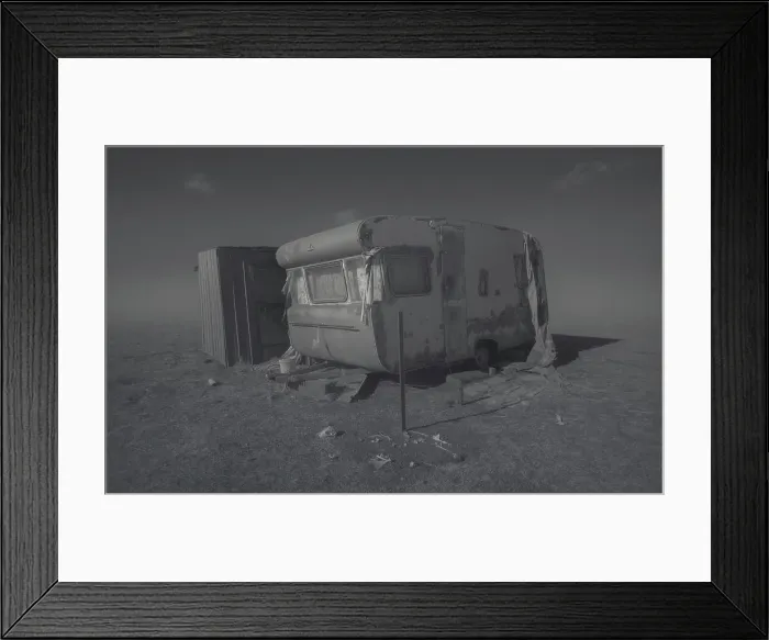 Framed Print : Isolated old and abandoned camper isolated in a field with fog and bones Framed Print : Isolated old and abandoned camper isolated in a field with fog and bones