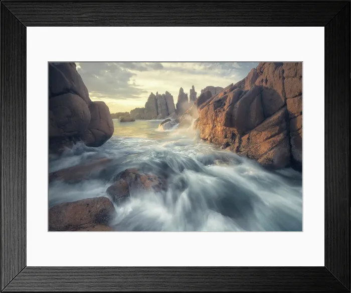Framed Print : Dramatic view of crashing waves, ocean, rocks and rocky coastline at sunset in Victoria, Australia Framed Print : Dramatic view of crashing waves, ocean, rocks and rocky coastline at sunset in Victoria, Australia
