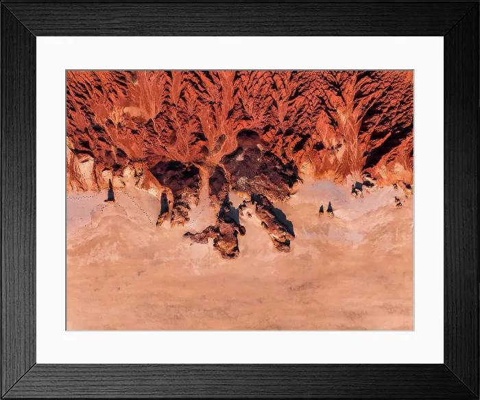 Framed Print : Sandstone cliffs at the edge of a beach shot from a birds-eye perspective, James Price Point, The Kimberley, Western Australia, Australia