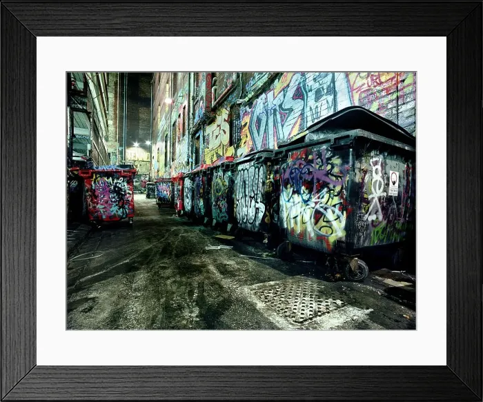 Framed Print : Night Alley with Dumpsters and Graffiti