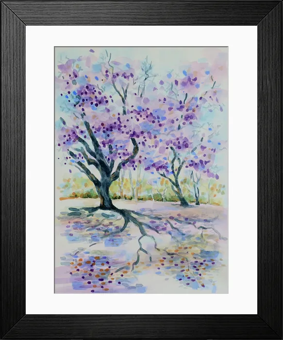 Framed Print : Flowering Jacaranda Trees Landscape Watercolor Painting