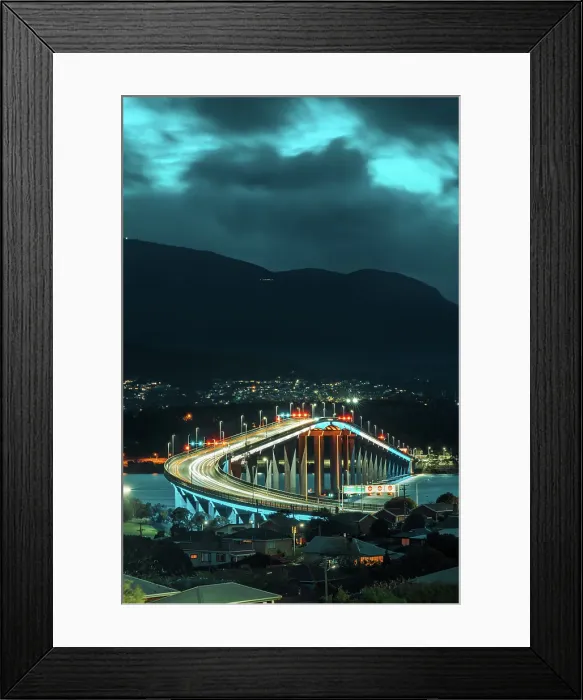 Framed Print : The Car Light Trails on Tasman Bridge at Dusk in Tasmania, Australia Framed Print : The Car Light Trails on Tasman Bridge at Dusk in Tasmania, Australia