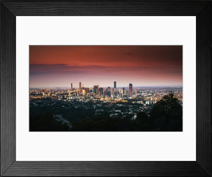 Framed Print : Stunning sunset above Brisbane CBD viewing from Mount Coot-tha Lookout Framed Print : Stunning sunset above Brisbane CBD viewing from Mount Coot-tha Lookout