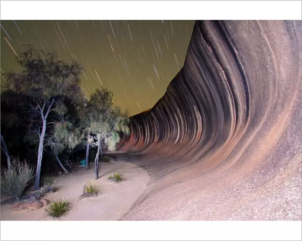 Wave rock. View of wave rock at night with star trails, Western Australia