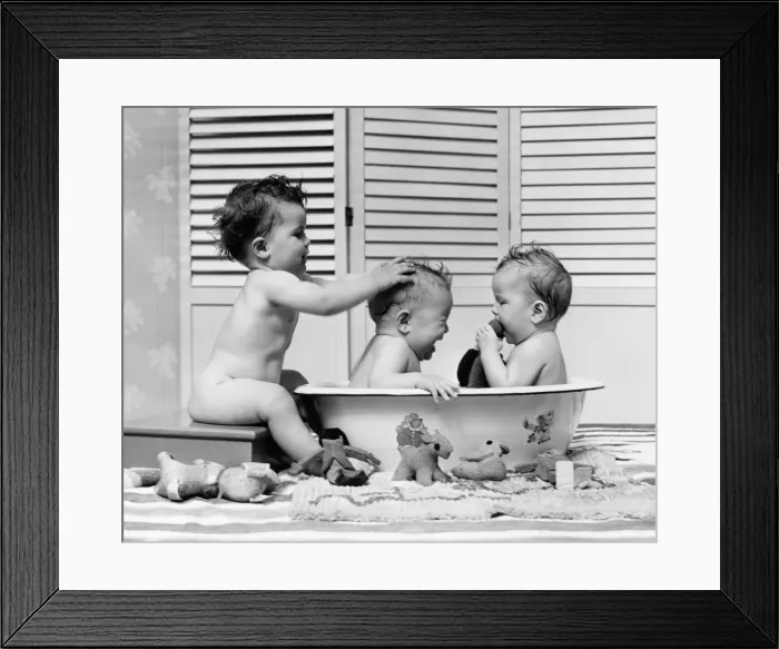 Framed Print : Three babies in wash tub, bathing