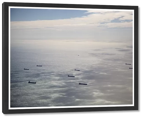 Freighters on the open sea, aerial view