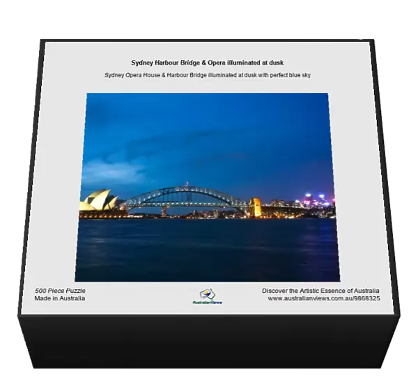 Sydney Harbour Bridge & Opera illuminated at dusk