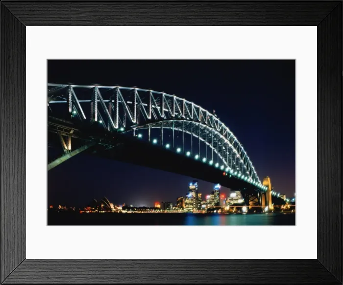 Framed Print : Australia, Sydney, Harbour Bridge with Opera House and city, at night