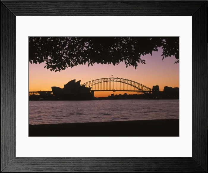 Framed Print : Australia, New South Wales, Sydney, silhouette of Opera House and Sydney Harbour Bridge at sunset