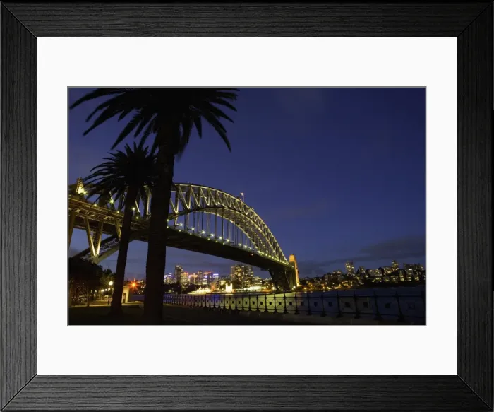 Framed Print : Australia, Sydney, palm trees in front of Harbour Bridge at night Framed Print : Australia, Sydney, palm trees in front of Harbour Bridge at night