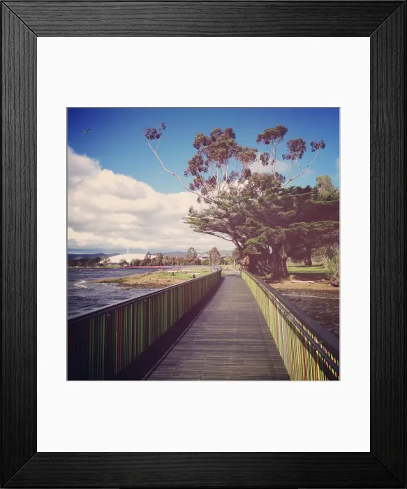 Framed Print : Wooden boardwalk beside river with colorful rails Framed Print : Wooden boardwalk beside river with colorful rails