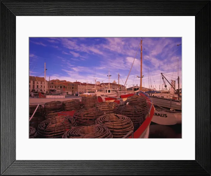 Framed Print : Moored fishing boat with crab traps on foredeck Framed Print : Moored fishing boat with crab traps on foredeck
