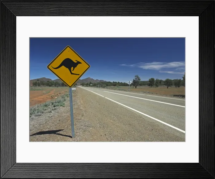 Framed Print : Road sign warning of kangaroos, Flinders Ranges, South Australia, Australia Framed Print : Road sign warning of kangaroos, Flinders Ranges, South Australia, Australia