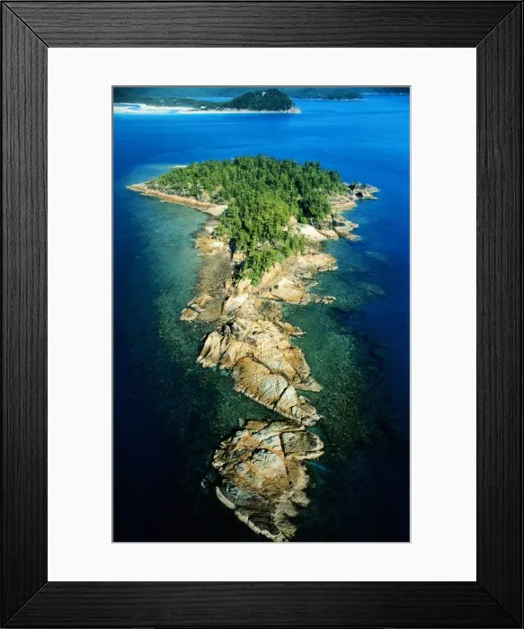 Framed Print : Australia, Queensland, Whitsunday Islands, forested island, aerial view Framed Print : Australia, Queensland, Whitsunday Islands, forested island, aerial view