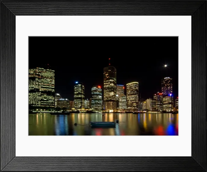 Framed Print : Brisbane by night city moon and dinghy Framed Print : Brisbane by night city moon and dinghy