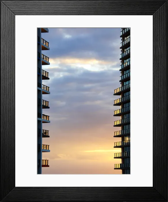 Framed Print : High rise apartment buildings at sunset Framed Print : High rise apartment buildings at sunset