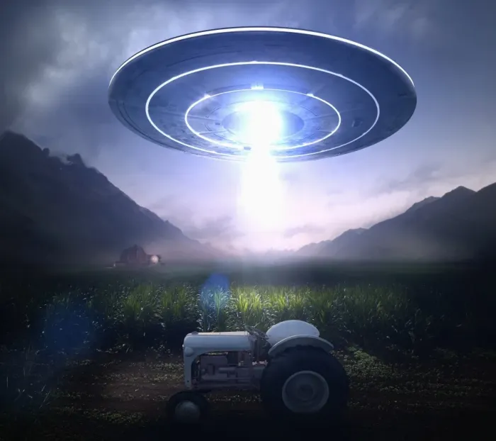 Framed Print : abduction, agriculture, alien, beam, circle, color image, concept, connection, contact