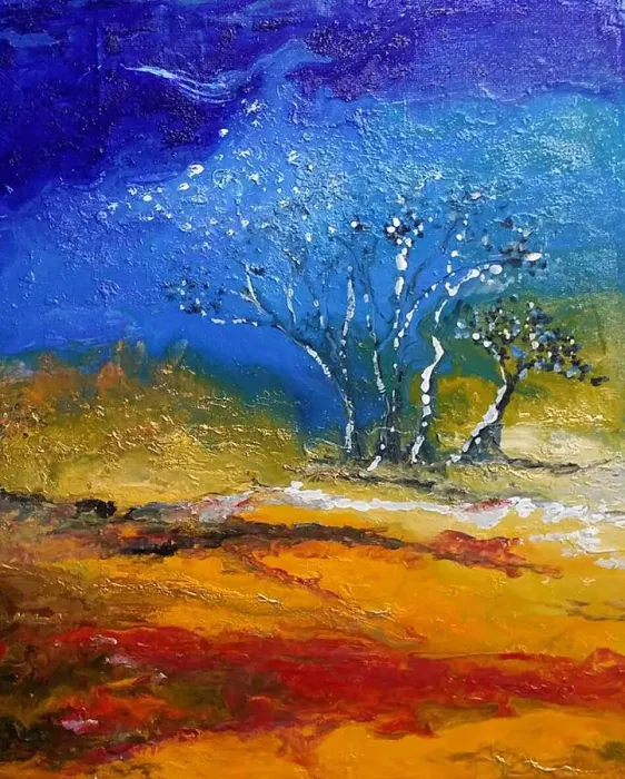 Framed Print : An abstract acrylic painting of trees in the desert full of texture and light Framed Print : An abstract acrylic painting of trees in the desert full of texture and light