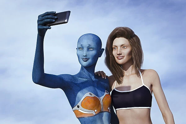 access, alien, ar, augmented reality, blue, brunette, candid, cell phone, cloud, color image
