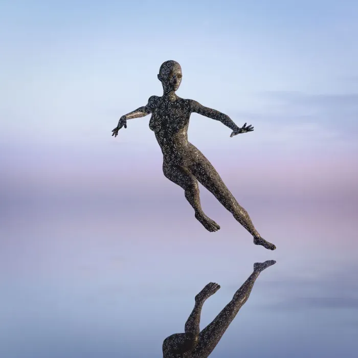 Framed Print : action, android, blue sky, cloud, color image, concept, copy space, cyborg, dancing