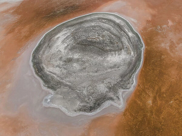 Aerial image showing a dry salt lake in the Australian outback, Western Australia, Australia