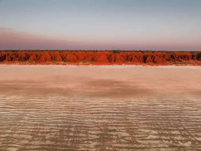 Framed Print : Aerial photograph in front of sandstone cliffs at sunset, James Price Point, The Kimberley, Western Australia, Australia