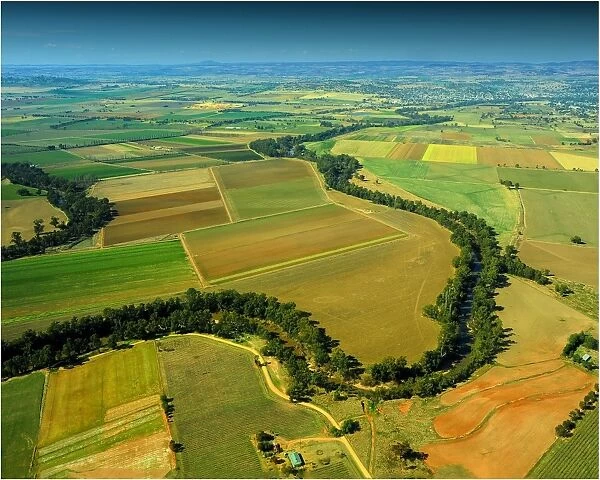 An Aerial view of the Australian countryside near Cowra, showing the vibrant colours of the Landscape