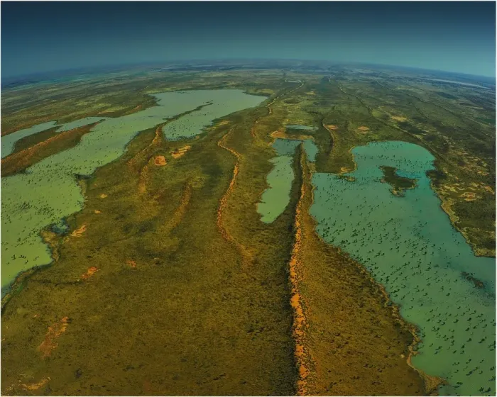Framed Print : An Aerial view of the Australian outback in flood, showing the vibrant colours of the Landscape Framed Print : An Aerial view of the Australian outback in flood, showing the vibrant colours of the Landscape