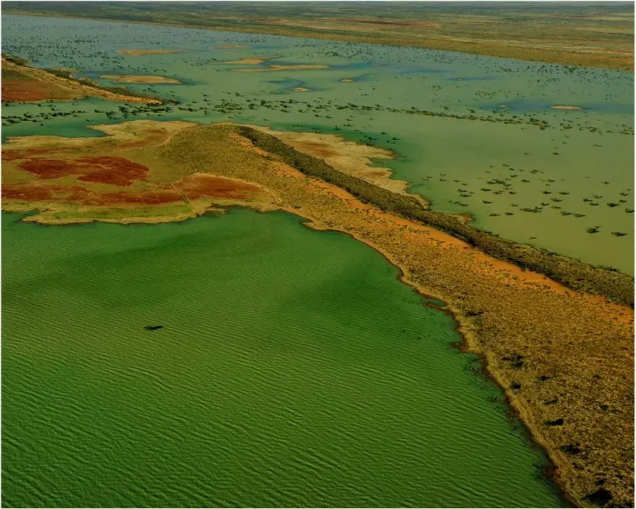 Framed Print : An Aerial view of the Australian outback in flood, showing the vibrant colours of the Landscape Framed Print : An Aerial view of the Australian outback in flood, showing the vibrant colours of the Landscape