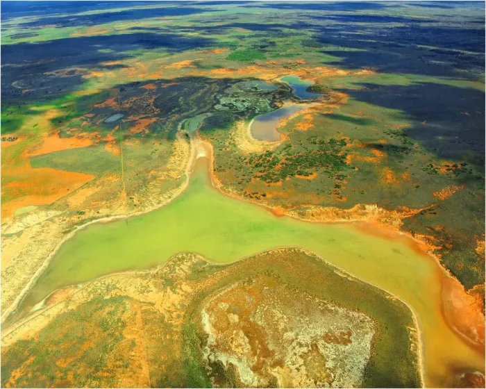Framed Print : An Aerial view of the Australian outback in flood, showing the vibrant colours of the Landscape