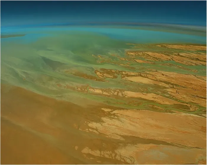 Framed Print : An Aerial view of the Australian outback in flood around Lake Eyre, showing the vibrant colours of the Landscape Framed Print : An Aerial view of the Australian outback in flood around Lake Eyre, showing the vibrant colours of the Landscape