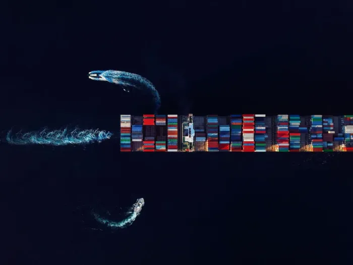 Framed Print : Aerial view of a cargo ship loaded with containers being instructed by two pilot boats