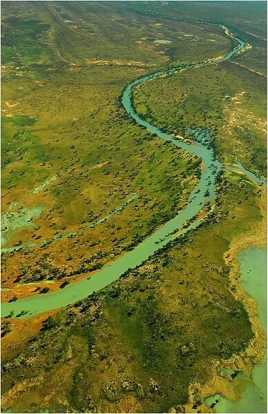 Aerial view of the Channel country in flood, outback Queensland, Australia