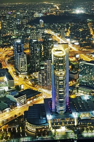 Aerial view of the city centre of Melbourne at dusk