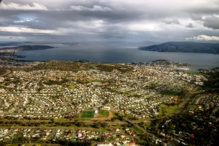 Framed Print : Aerial view of City of Clarence and Bellerive Oval