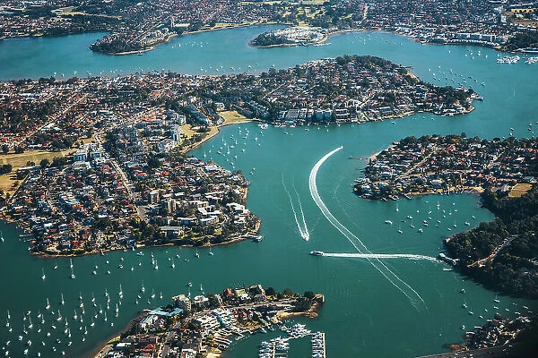 aerial view of cityscape in Sydney, buildings and river, lake, bay