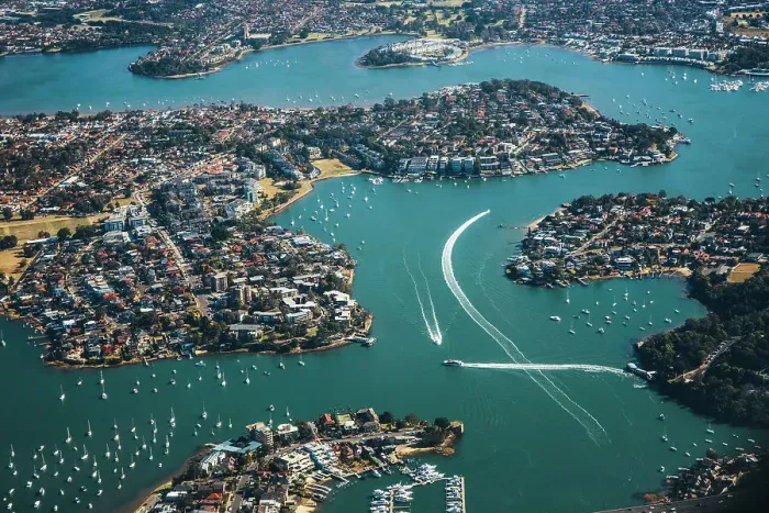 Framed Print : aerial view of cityscape in Sydney, buildings and river, lake, bay