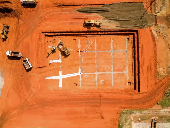 Framed Print : Aerial View of Construction Site With Gridded Foundation