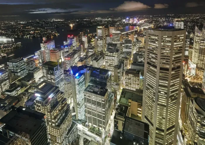Framed Print : Aerial view of downtown Sydney at dusk
