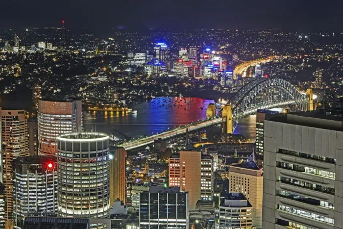 Framed Print : Aerial view of downtown Sydney illuminated at night