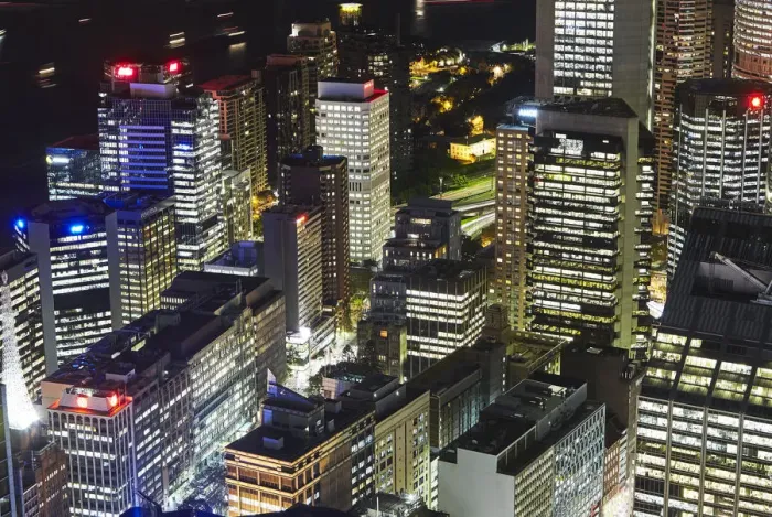 Framed Print : Aerial view of downtown Sydney illuminated at night