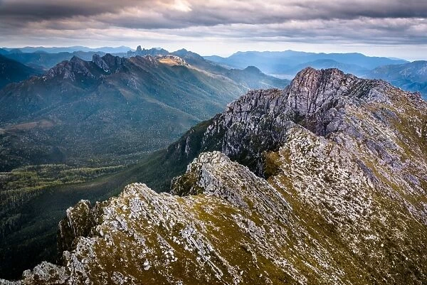 Aerial view to Federation Peak and Eastern Arthurs Range over West Portal in Southwest Tasmania