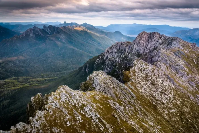 Framed Print : Aerial view to Federation Peak and Eastern Arthurs Range over West Portal in Southwest Tasmania