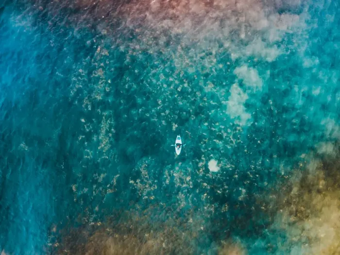 Framed Print : Aerial view of a female surfer on the ocean looking at the camera Framed Print : Aerial view of a female surfer on the ocean looking at the camera