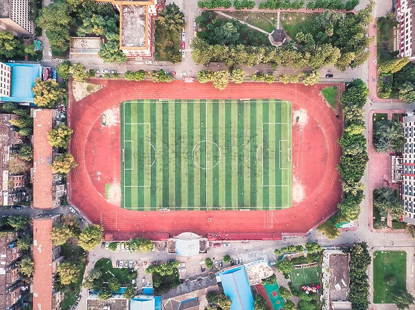 Aerial view of a football playground in Sichuan University in Chengdu, China