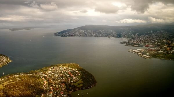 Aerial view of Hobart coastline on cloudy day