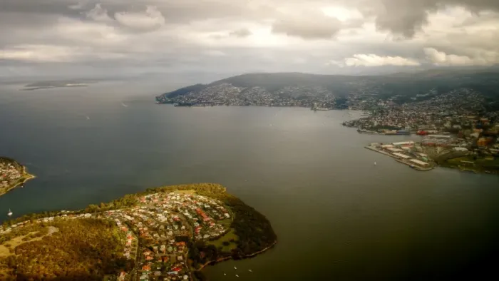 Framed Print : Aerial view of Hobart coastline on cloudy day Framed Print : Aerial view of Hobart coastline on cloudy day