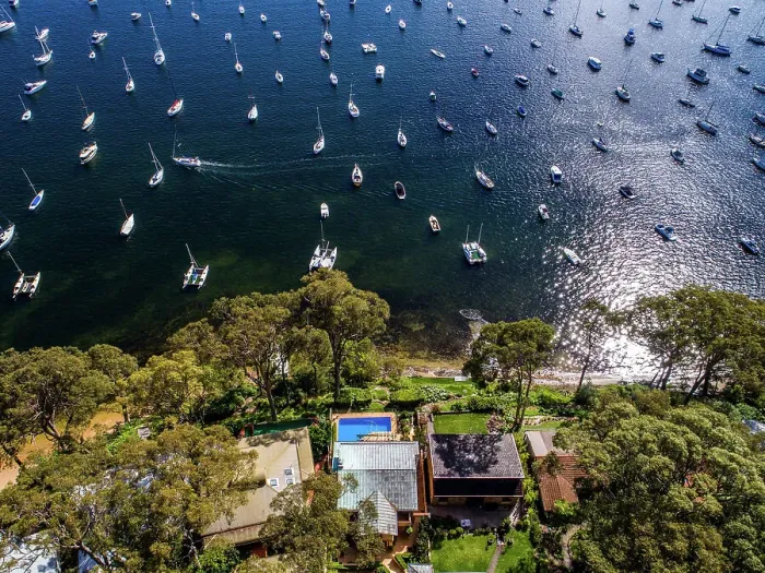 Framed Print : Aerial View of Homes on Pittwater With Docked Boats Framed Print : Aerial View of Homes on Pittwater With Docked Boats